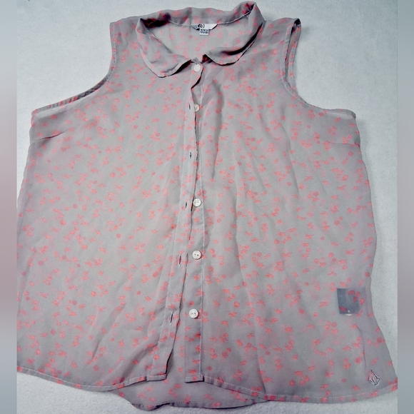 Volcom Sleeveless Sheer Button-Down Shirt - Gray and Pink Floral - Picture 1 of 4